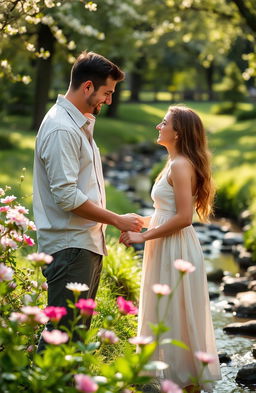 A couple engaged in a heartfelt conversation in a serene park setting, surrounded by blooming flowers and lush greenery