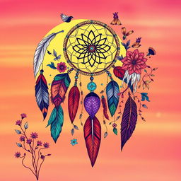 A stunning boho illustration designed for wall art, featuring an eclectic mix of vibrant colors and intricate patterns