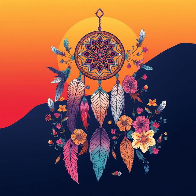 A stunning boho illustration designed for wall art, featuring an eclectic mix of vibrant colors and intricate patterns