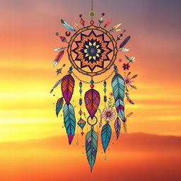 A stunning boho illustration designed for wall art, featuring an eclectic mix of vibrant colors and intricate patterns