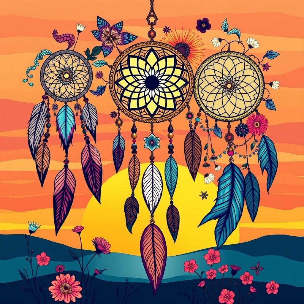 A stunning boho illustration designed for wall art, featuring an eclectic mix of vibrant colors and intricate patterns