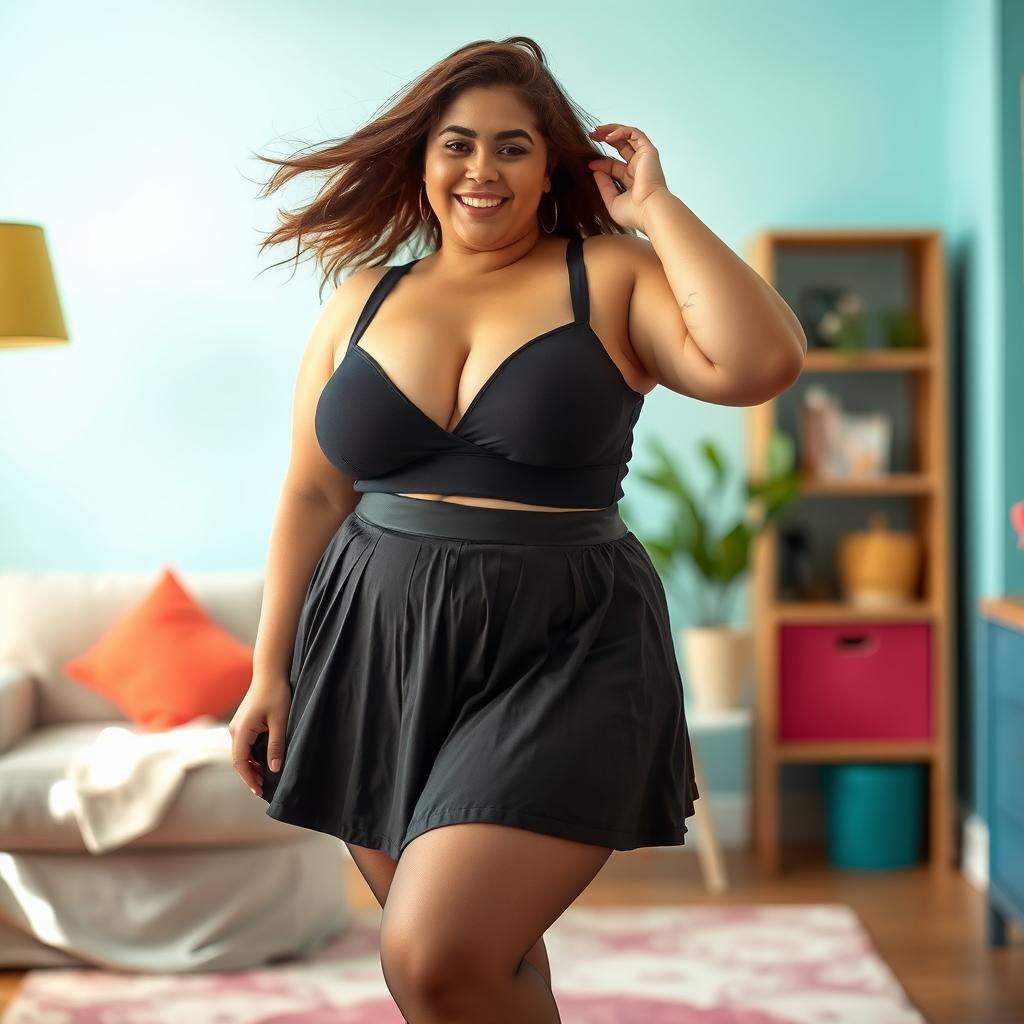 A plus-sized woman confidently posing while wearing a stylish skirt and sheer pantyhose, showcasing her body positivity and vibrant personality