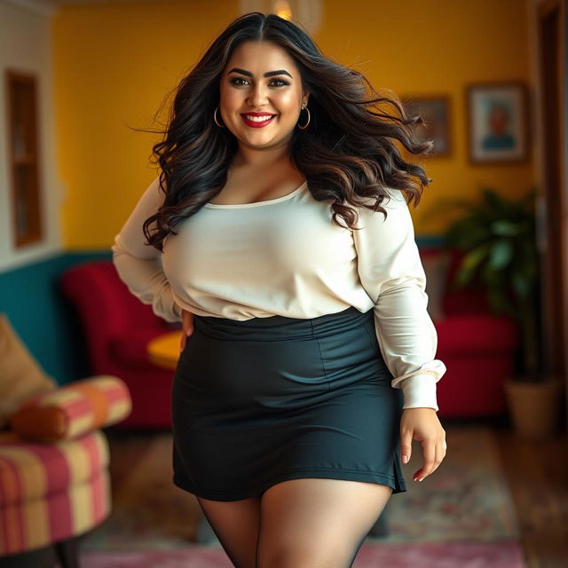 A plus-sized woman confidently posing while wearing a stylish skirt and sheer pantyhose, showcasing her body positivity and vibrant personality