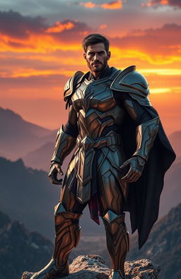 A powerful male character radiating confidence and charisma, depicted in a grand, heroic pose standing atop a mountain peak with a vast landscape below