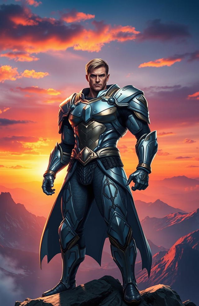 A powerful male character radiating confidence and charisma, depicted in a grand, heroic pose standing atop a mountain peak with a vast landscape below