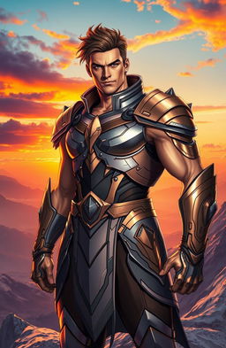 A powerful male character radiating confidence and charisma, depicted in a grand, heroic pose standing atop a mountain peak with a vast landscape below