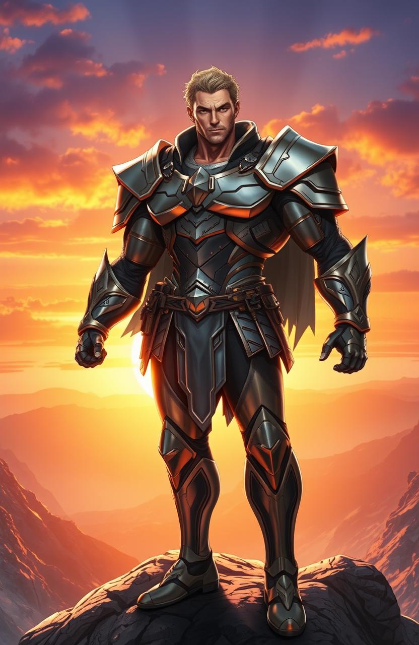 A powerful male character radiating confidence and charisma, depicted in a grand, heroic pose standing atop a mountain peak with a vast landscape below