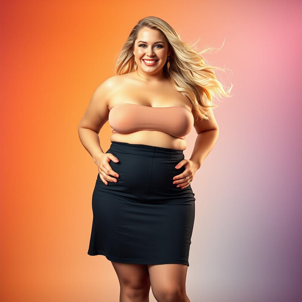 A beautiful plus-sized blonde woman confidently showcasing her body while wearing a fashionable skirt and sheer pantyhose