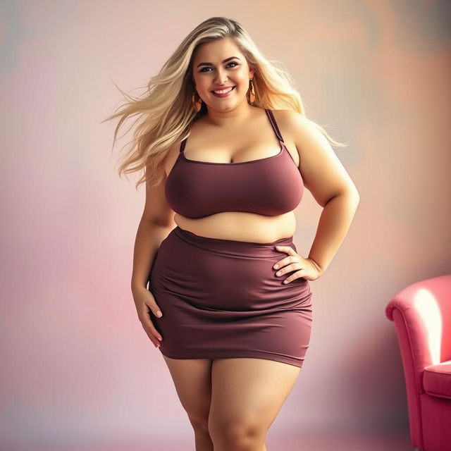 A beautiful plus-sized blonde woman confidently showcasing her body while wearing a fashionable skirt and sheer pantyhose