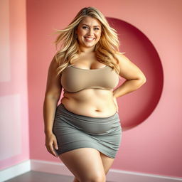 A beautiful plus-sized blonde woman confidently showcasing her body while wearing a fashionable skirt and sheer pantyhose