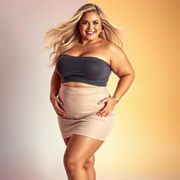 A beautiful plus-sized blonde woman confidently showcasing her body while wearing a fashionable skirt and sheer pantyhose