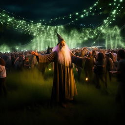 Gandalf the wizard exuberantly partying at a vibrant outdoor rave on lush, green grassland, with a backdrop of psychedelic lights and joyful crowd.