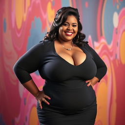 A confident plus-sized woman exuding charm and allure, dressed in a stylish, form-fitting outfit that accentuates her curves