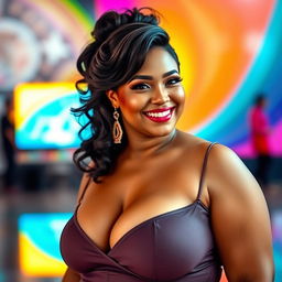 A confident plus-sized woman exuding charm and allure, dressed in a stylish, form-fitting outfit that accentuates her curves
