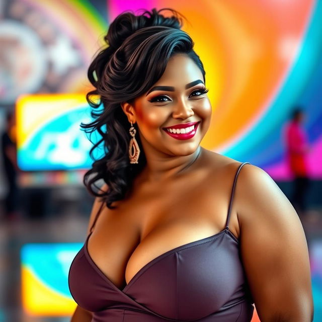 A confident plus-sized woman exuding charm and allure, dressed in a stylish, form-fitting outfit that accentuates her curves
