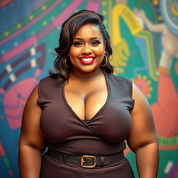 A confident plus-sized woman exuding charm and allure, dressed in a stylish, form-fitting outfit that accentuates her curves