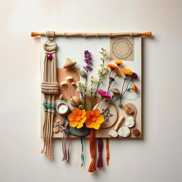 A captivating boho wall art piece featuring an array of earthy tones and vibrant colors