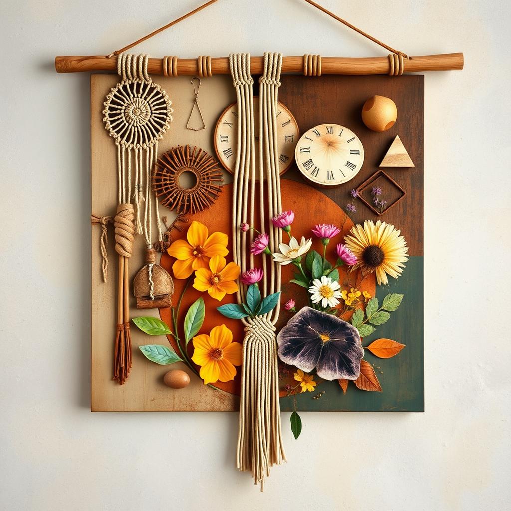 A captivating boho wall art piece featuring an array of earthy tones and vibrant colors