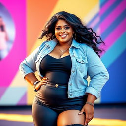 A confident plus-sized woman exuding sexiness and charisma, dressed in a fashionable outfit that highlights her curves and showcases her unique style