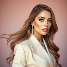 A glamorous portrait of a woman inspired by the elegance of a famous model, showcasing long flowing hair and striking features