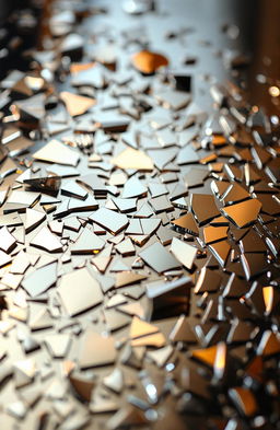 A surreal and artistic composition of broken mirrors scattered across a reflective surface, creating intricate patterns and kaleidoscopic effects
