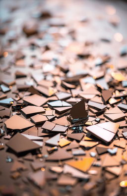 A surreal and artistic composition of broken mirrors scattered across a reflective surface, creating intricate patterns and kaleidoscopic effects