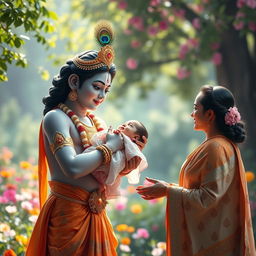 A captivating scene of Lord Krishna giving a baby girl to her devoted parents