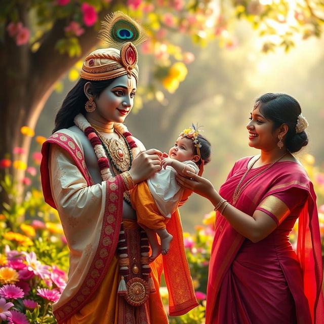 A captivating scene of Lord Krishna giving a baby girl to her devoted parents