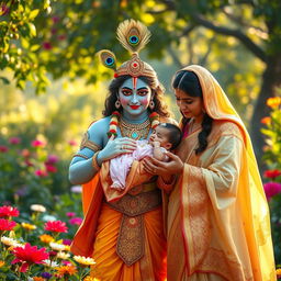 A captivating scene of Lord Krishna giving a baby girl to her devoted parents