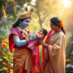 A captivating scene of Lord Krishna giving a baby girl to her devoted parents