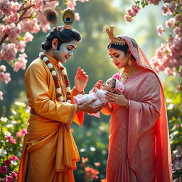 A touching scene of Lord Krishna bestowing a baby girl to her ecstatic parents