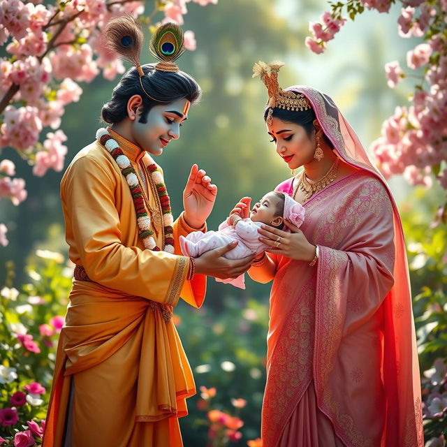 A touching scene of Lord Krishna bestowing a baby girl to her ecstatic parents