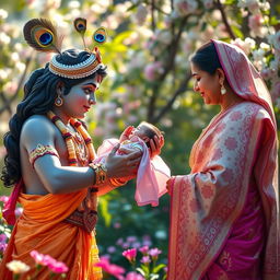 A touching scene of Lord Krishna bestowing a baby girl to her ecstatic parents