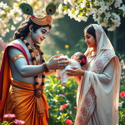 A touching scene of Lord Krishna bestowing a baby girl to her ecstatic parents