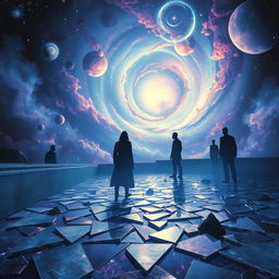 A vast and ethereal space scene filled with swirling galaxies and vibrant nebulae, interspersed with shards of broken mirrors reflecting the cosmic colors and light