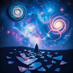A vast and ethereal space scene filled with swirling galaxies and vibrant nebulae, interspersed with shards of broken mirrors reflecting the cosmic colors and light