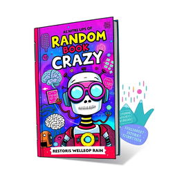 A whimsical and surreal book cover design for a fictional title 'The Random Book of Crazy A