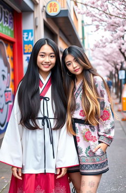 Two girls: one from Korea with long, silky black hair, wearing a traditional hanbok, standing confidently and smiling