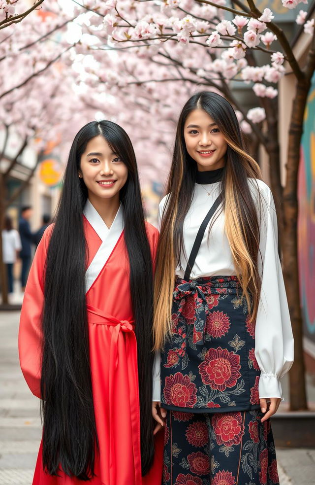 Two girls: one from Korea with long, silky black hair, wearing a traditional hanbok, standing confidently and smiling