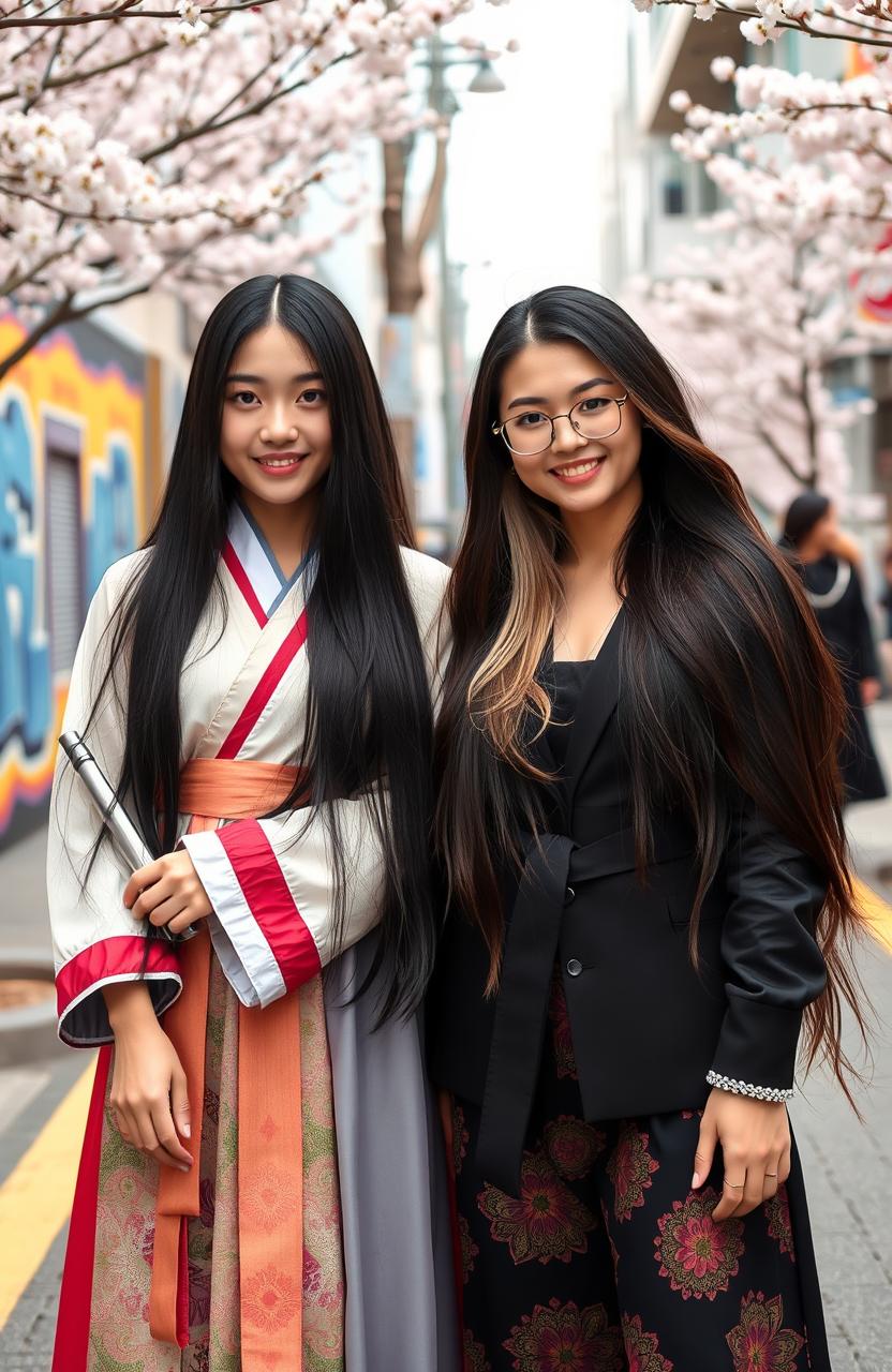 Two girls: one from Korea with long, silky black hair, wearing a traditional hanbok, standing confidently and smiling