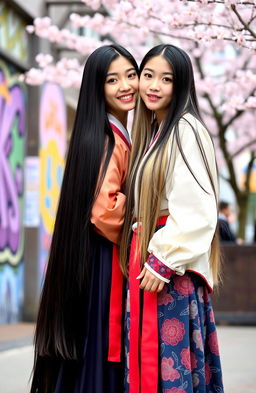 Two girls: one from Korea with long, silky black hair, wearing a traditional hanbok, standing confidently and smiling