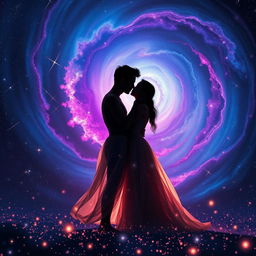 A breathtaking cosmic scene featuring two lovers embraced in a passionate kiss, surrounded by a stunning backdrop of swirling galaxies in vibrant hues of blue, purple, and pink
