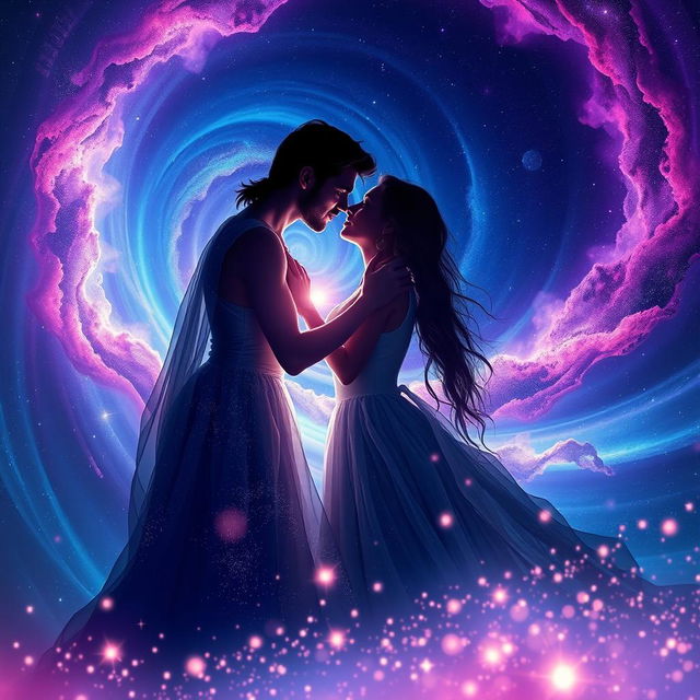 A breathtaking cosmic scene featuring two lovers embraced in a passionate kiss, surrounded by a stunning backdrop of swirling galaxies in vibrant hues of blue, purple, and pink