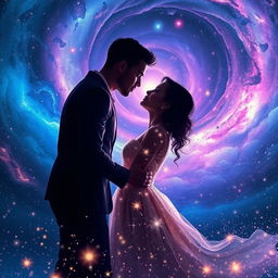 A breathtaking cosmic scene featuring two lovers embraced in a passionate kiss, surrounded by a stunning backdrop of swirling galaxies in vibrant hues of blue, purple, and pink