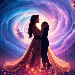 A breathtaking cosmic scene featuring two lovers embraced in a passionate kiss, surrounded by a stunning backdrop of swirling galaxies in vibrant hues of blue, purple, and pink