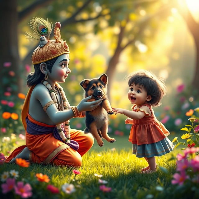 A whimsical scene depicting Lord Krishna presenting a charming German Shepherd puppy to an excited child