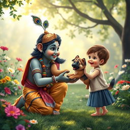 A whimsical scene depicting Lord Krishna presenting a charming German Shepherd puppy to an excited child