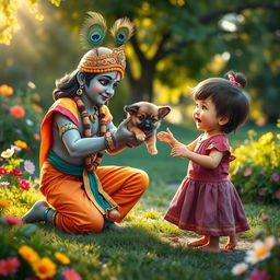 A whimsical scene depicting Lord Krishna presenting a charming German Shepherd puppy to an excited child