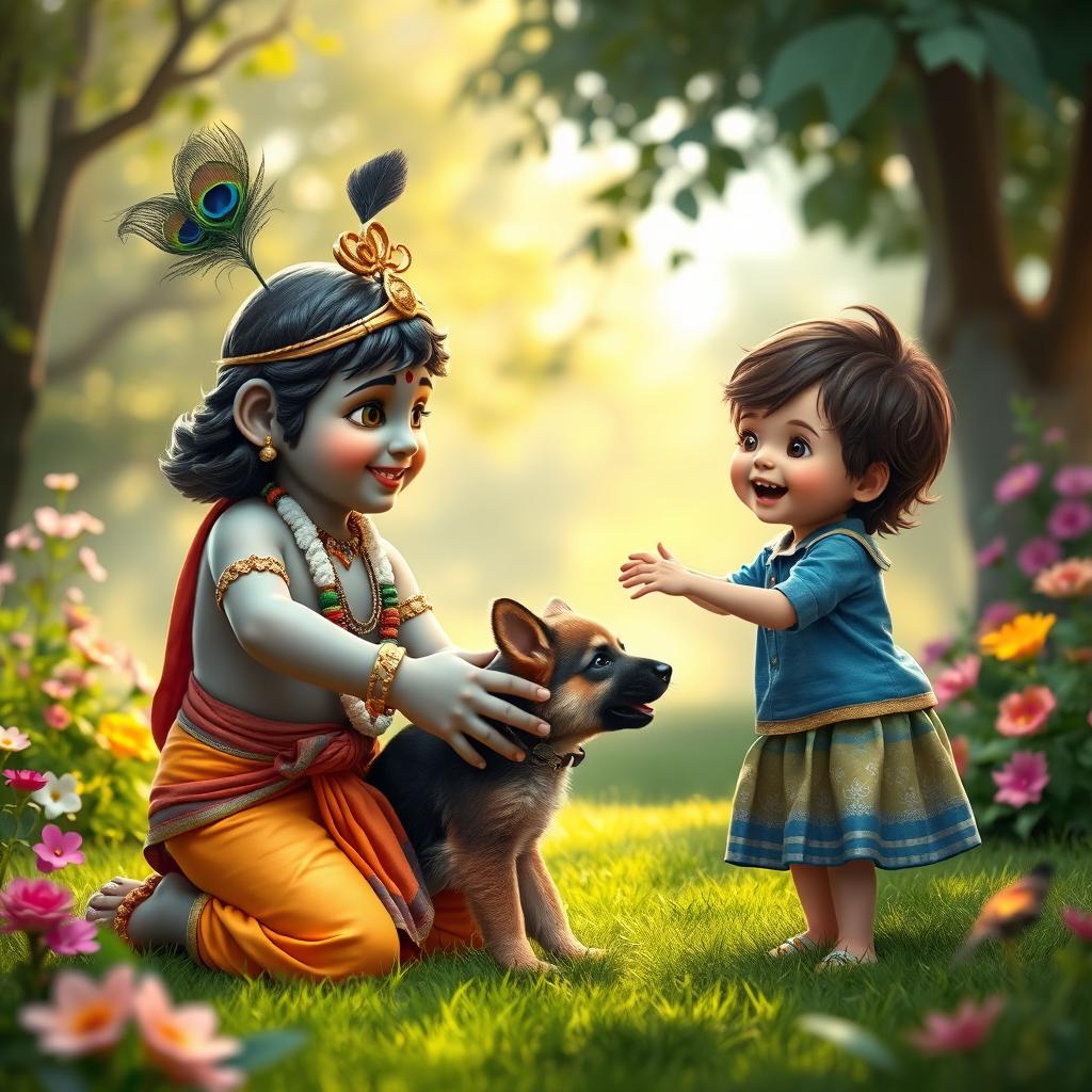 A whimsical scene depicting Lord Krishna presenting a charming German Shepherd puppy to an excited child