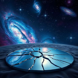A surreal scene depicting a vast expanse of space filled with vibrant stars and swirling galaxies